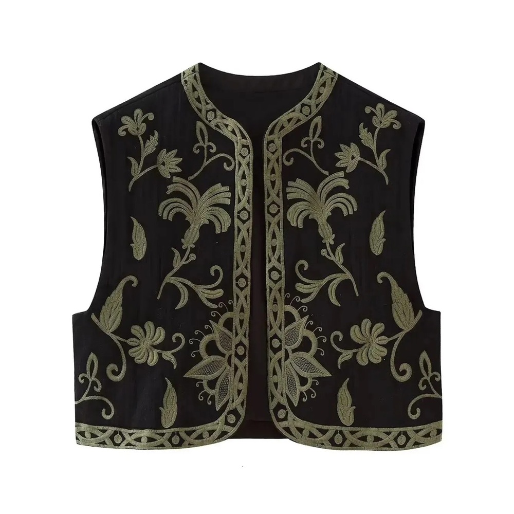 Zara Black Vest with Olive Embroidery